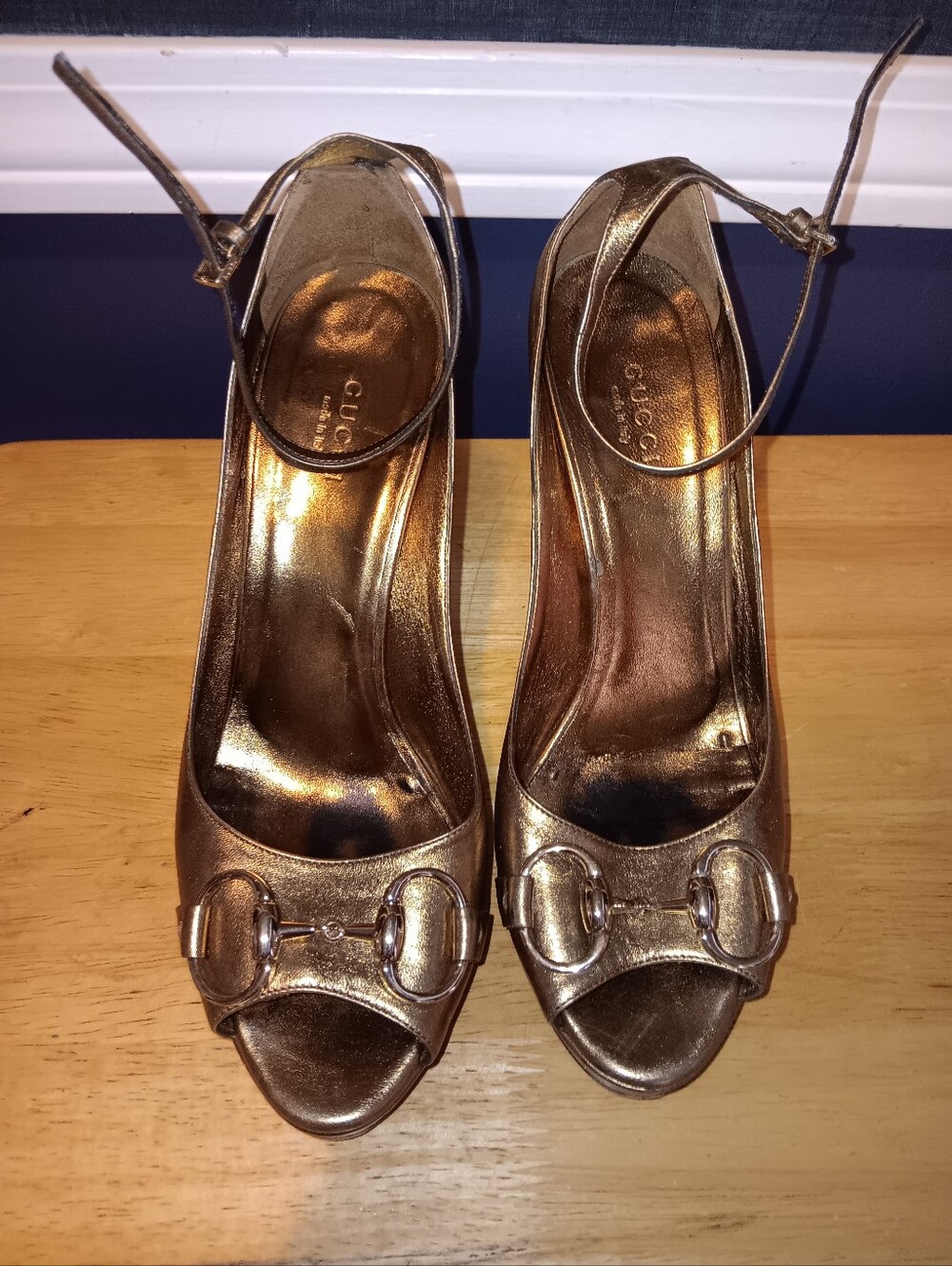Gucci GG Horsebit Metallic Bronze Open-Toe Ankle Strap Wedges Size 37 1/2